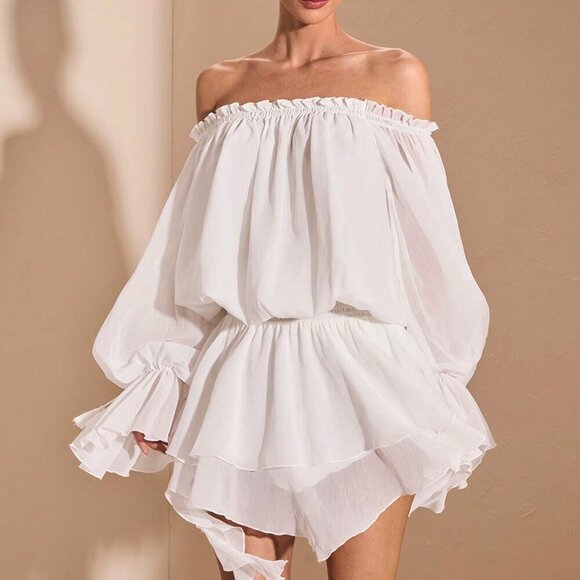 White Boho Women's Elegant French Style Off-Shoulder Long Sleeve Shirt Dress - Picture 9 of 9